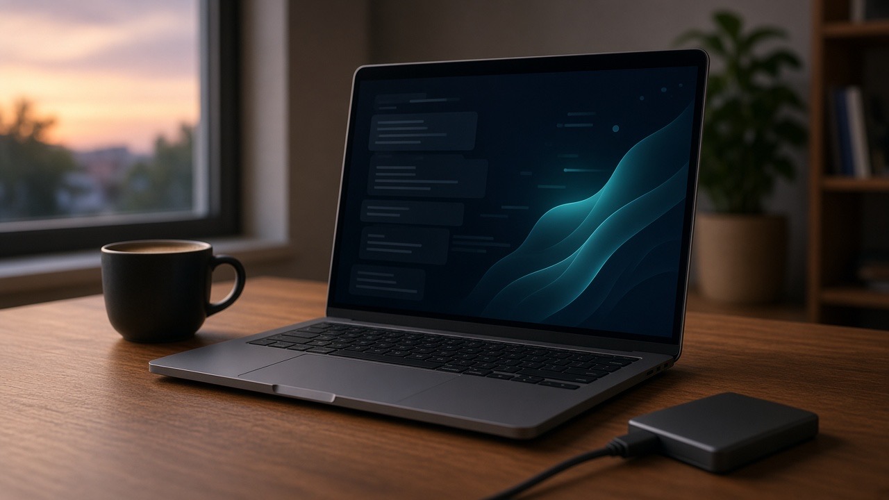 MacBook on a wooden desk with a dark AI chat interface on screen and an external SSD