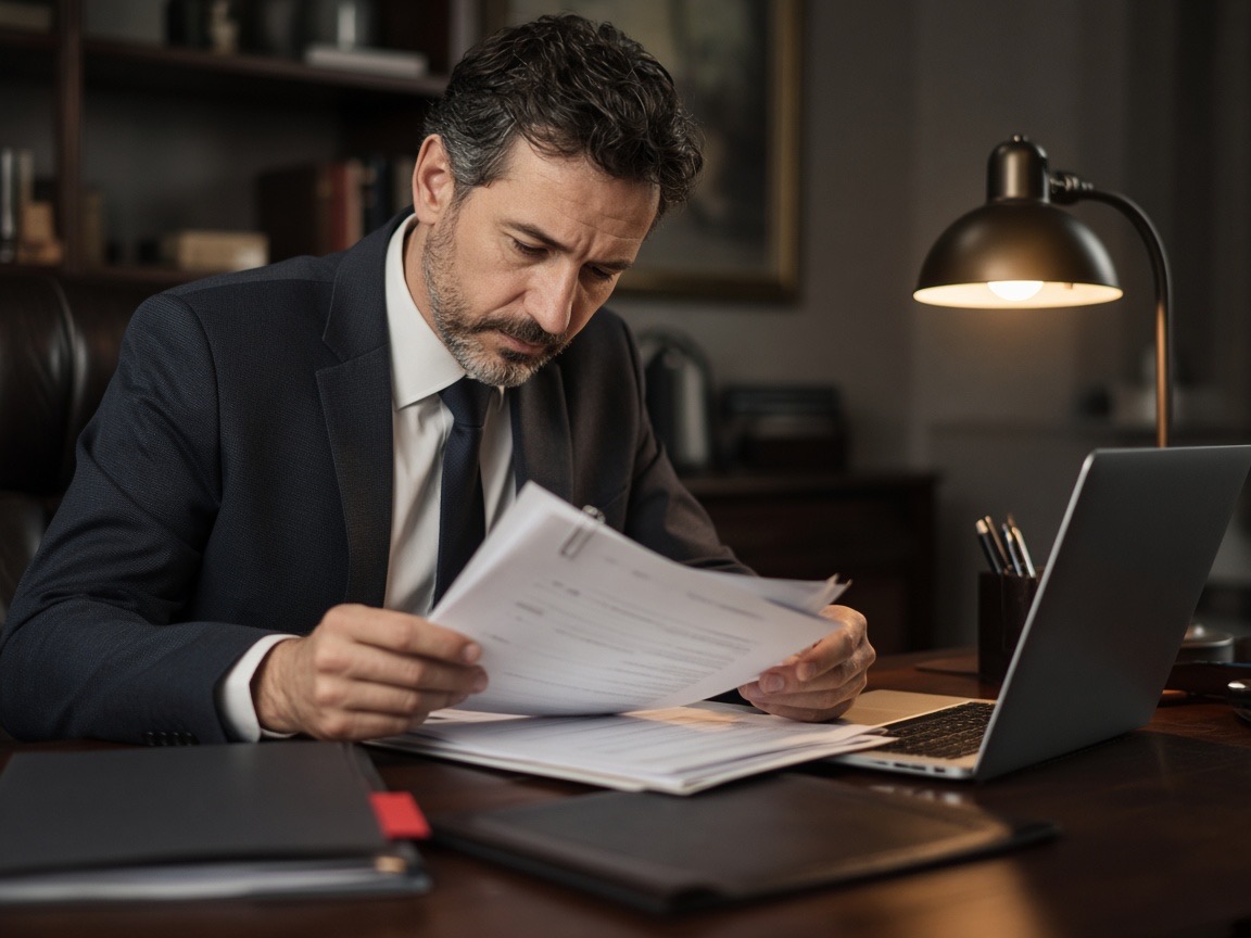 Professional reading confidential documents next to a laptop