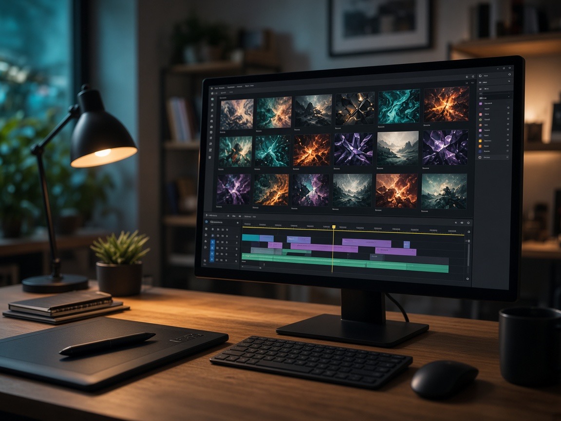 Creative studio with a grid of generated images and a video timeline