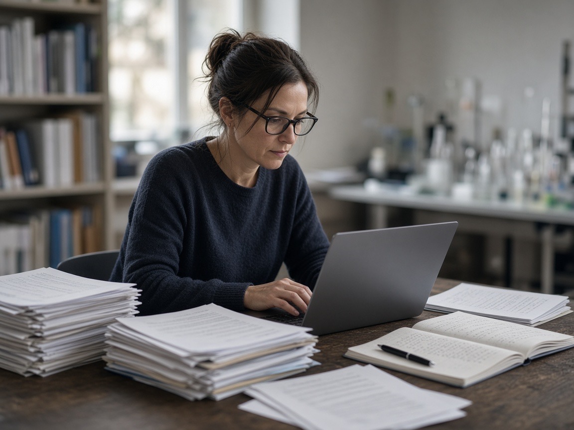 Researcher at a laptop among stacks of scientific papers