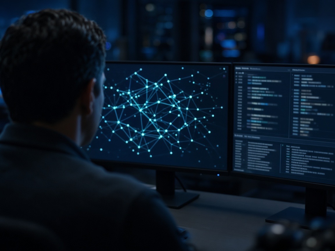 Security analyst in front of two monitors showing network graphs