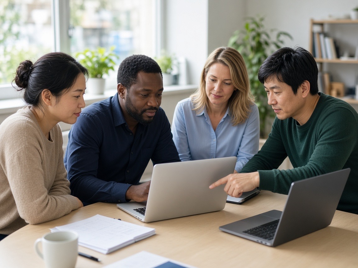 Small team around a table with laptops